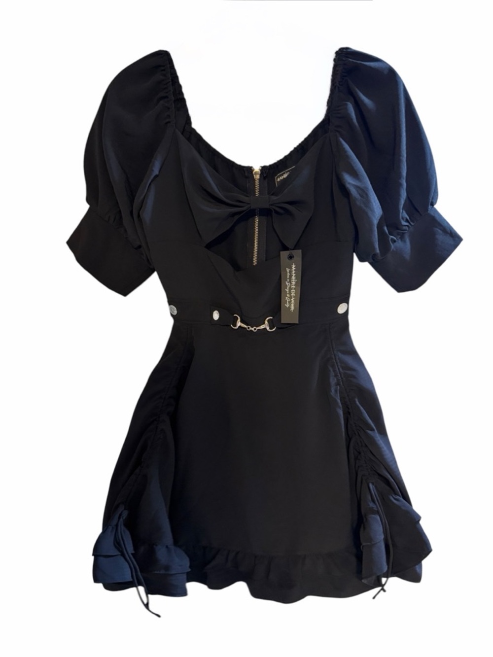 Maniere De Voir Black Mini Dress with Bow, Puff Sleeves & Chain